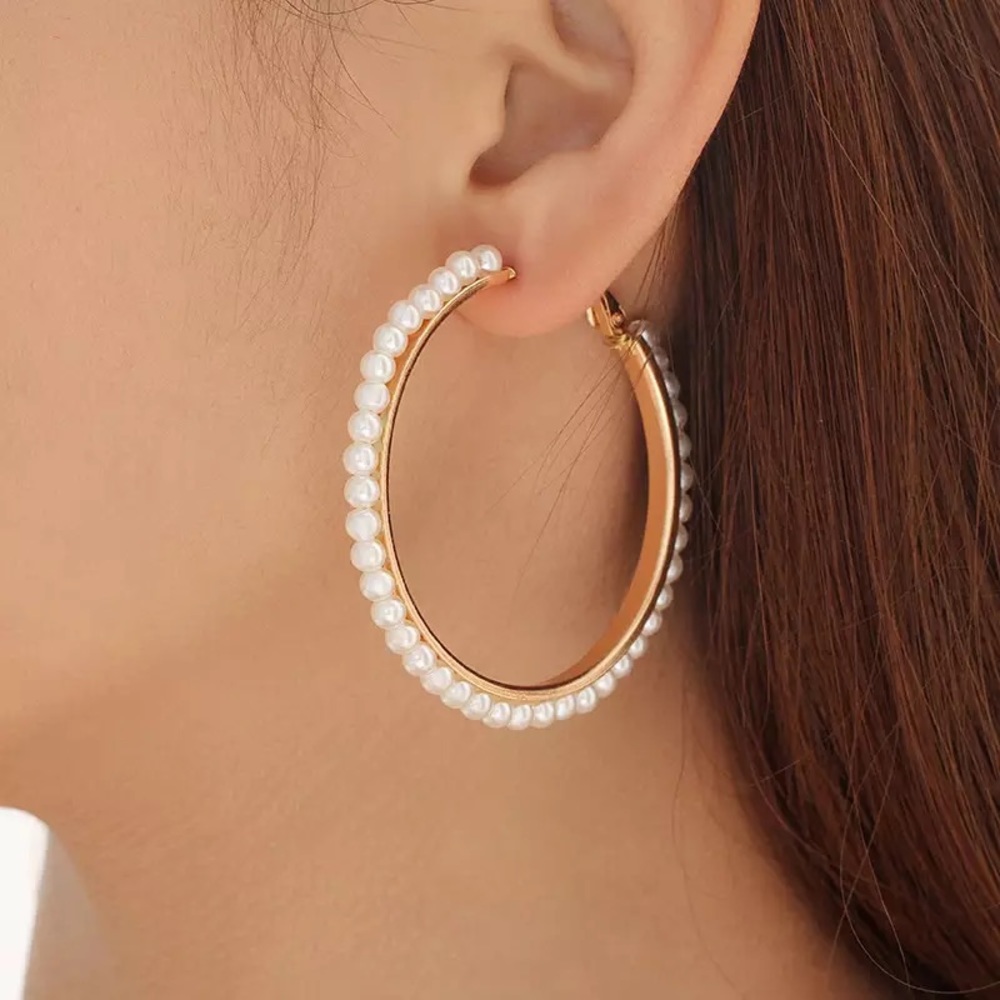3/28💐 boho Imitation pearl gold big Hoop Earring